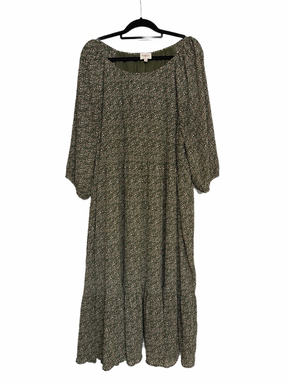 Olive Green Ditsy Maxi Dress with Puff Sleeves
